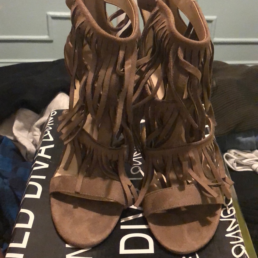 Taupe suede fringe heels